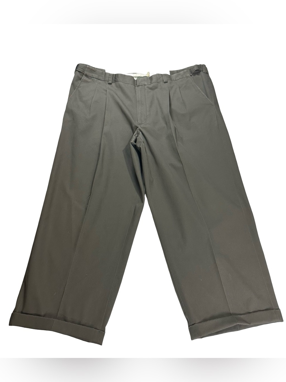 LL Bean Mens Comfort Waist 100% Cotton Pleated Gray Green Chino Pants 42x28 Cuff